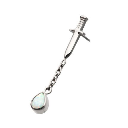Invictus Titanium Threadless Dagger Top with Bezel Set Teardrop Opal Chain Dangle