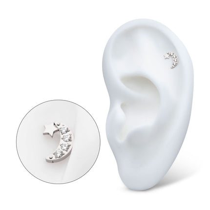Invictus Titanium Threadless Star with Pave Set CZ Crescent Moon Top