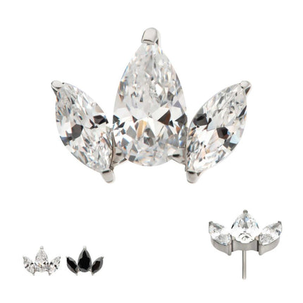 Invictus Titanium Threadless 3 Cluster Top with Prong Set Teardrop & Marquise CZ