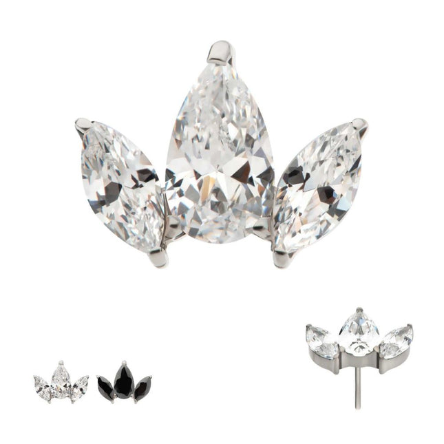Invictus Titanium Threadless 3 Cluster Top with Prong Set Teardrop & Marquise CZ
