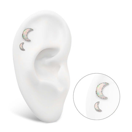 Invictus Titanium Threadless Crescent Moon Top with Prong Set White Opal