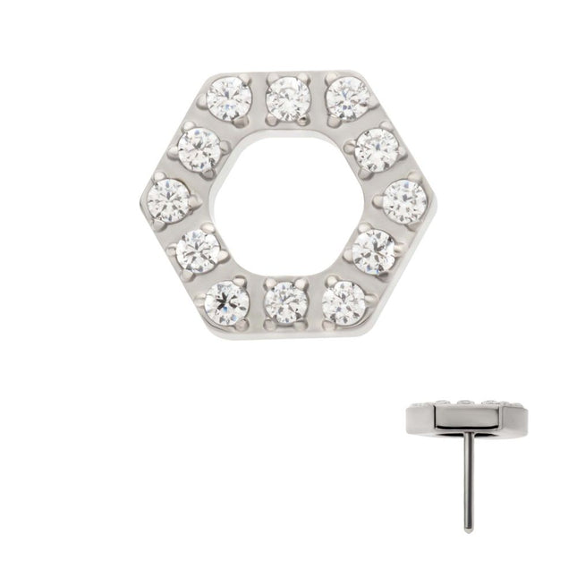 Invictus Titanium Threadless Pave Set Round CZ Gem Hexagon Top