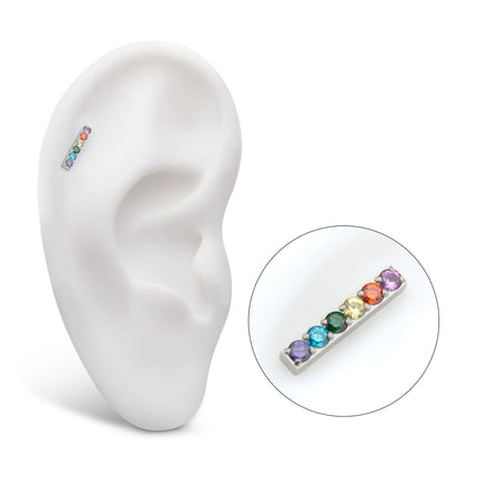 Invictus Titanium Threadless Prong Set Rainbow CZ 6-Cluster Bar Top