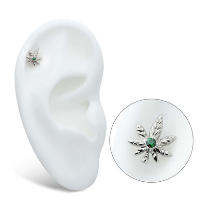 Invictus Titanium Threadless Prong Set Emerald Green Gem Pot Leaf Top