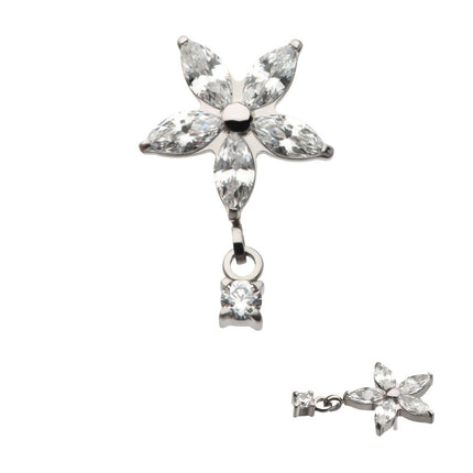 Invictus Titanium Threadless 5 Marquise CZ Flower Shape Top with Dangle Prong Set Round CZ
