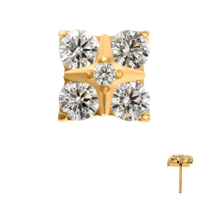 Invictus 24Kt Gold PVD Titanium Threadless Square Shape Top with Prong Set 5-Gem Cluster