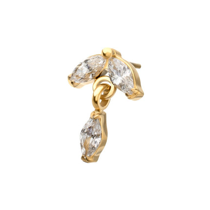 Invictus 24KT Gold PVD Titanium Threadless Twin Marquise Gem Top with Marquise Dangle