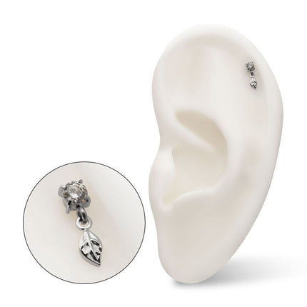 Invictus Titanium Threadless 4-Prong Set Gem Top with Leaf Dangle