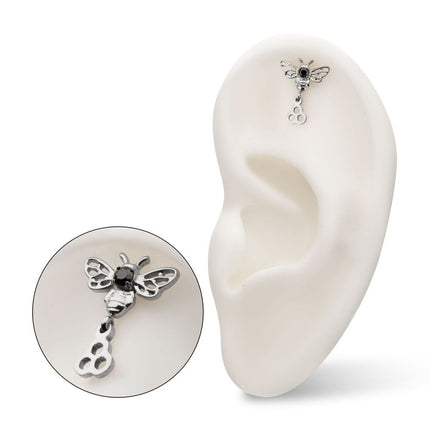Invictus Titanium Threadless Prong Set Black Gem Bee Top with Honeycomb Dangle