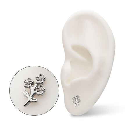 Invictus Titanium Threadless Prong Set Gem Triple Flower & Stem Top