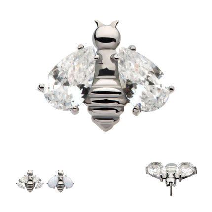 Invictus Titanium Threadless Bee with Prong Set Teardrop Shape CZ/Opal Wings Top