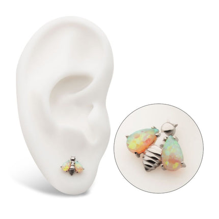 Invictus Titanium Threadless Bee with Prong Set Teardrop Shape CZ/Opal Wings Top