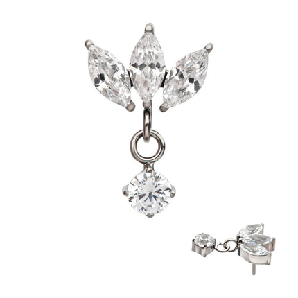 Invictus Titanium Threadless 3 Cluster Marquise CZ Top with Dangle 4-Prong Round CZ