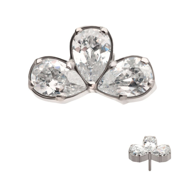 Invictus Titanium Threadless Fan Shape Top with 3 Cluster Prong Set Teardrop CZ
