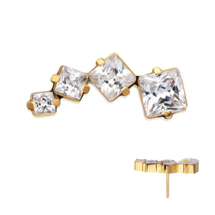 Invictus 24Kt Gold PVD Titanium Threadless Prong Set Princess Cut Gem Staggered 4-Cluster Top