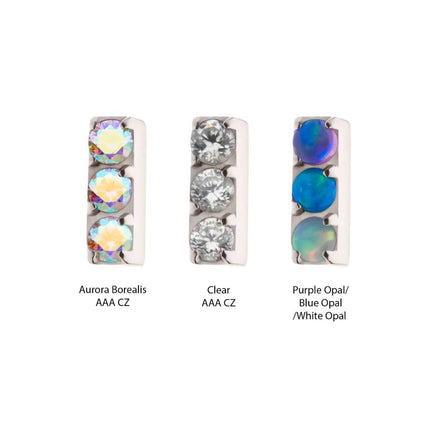 Invictus Titanium Threadless Prong Set Crystal/CZ/Opal 3-Cluster Bar Top