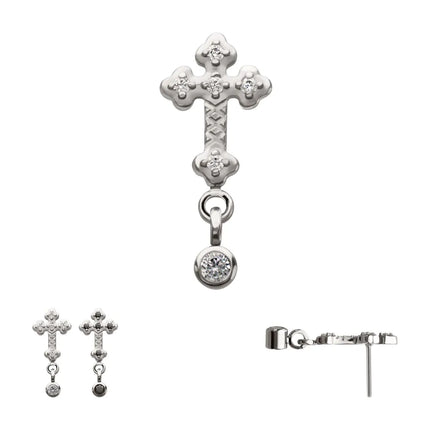 Invictus Titanium Threadless Milgrain Edge Prong Set CZ Gem Cross Top with Dangle Bezel Gem