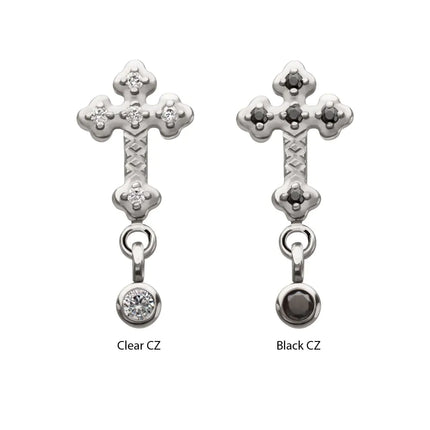 Invictus Titanium Threadless Milgrain Edge Prong Set CZ Gem Cross Top with Dangle Bezel Gem
