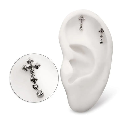 Invictus Titanium Threadless Milgrain Edge Prong Set CZ Gem Cross Top with Dangle Bezel Gem