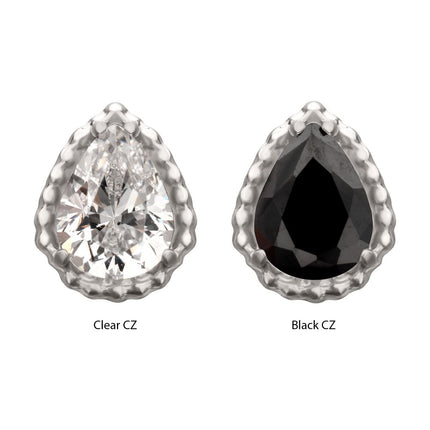 Invictus Titanium Threadless Beaded Edge Prong Set Teardrop CZ Gem Top