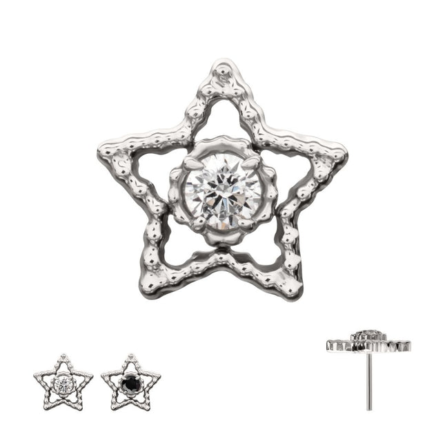 Invictus Titanium Threadless Milgrain Edge Star Top with Prong Set CZ Gem