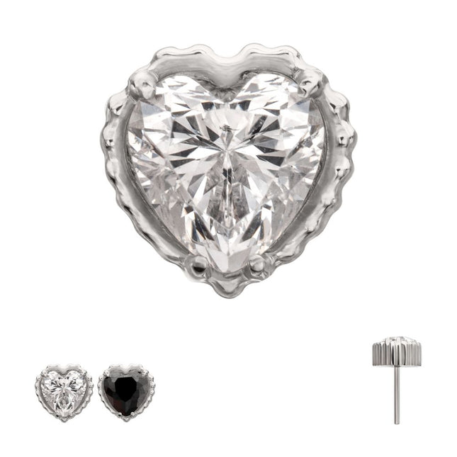 Invictus Titanium Threadless Beaded Edge Prong Set Heart CZ Gem Top