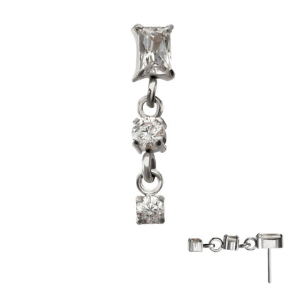 Invictus Titanium Threadless Prong Set Gem Baguette Top with Double Round Gem Dangle