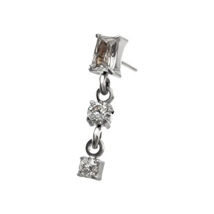 Invictus Titanium Threadless Prong Set Gem Baguette Top with Double Round Gem Dangle