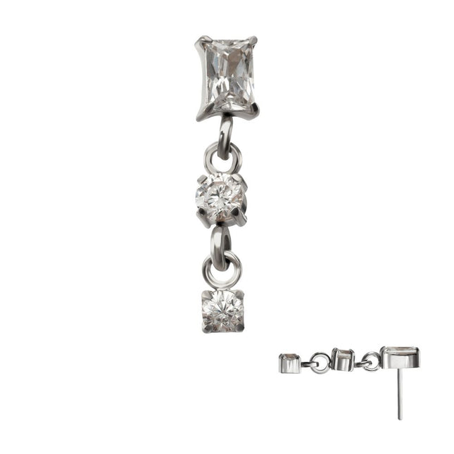 Invictus Titanium Threadless Prong Set Gem Baguette Top with Double Gem Dangle