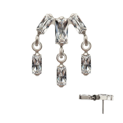 Invictus Titanium Threadless 3-Cluster Baguette Prong Set Gem Top with Dangle Gem