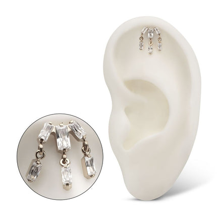 Invictus Titanium Threadless 3-Cluster Baguette Prong Set Gem Top with Dangle Gem