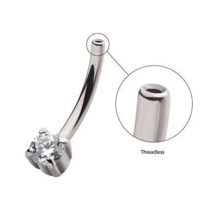 Invictus Titanium Threadless with Prong Set CZ Fixed Bottom Curved Barbell