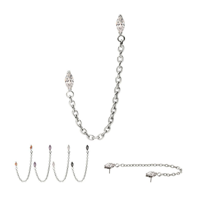 Invictus Titanium Threadless Double Prong Set Marquise Gem Top with Rolo Chain Dangle