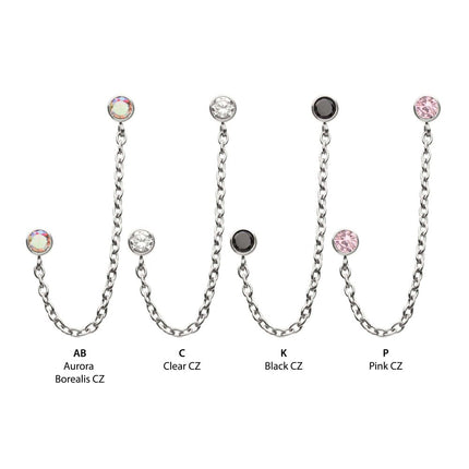 Invictus Titanium Threadless Double Bezel Set Gem Top with Rolo Chain Dangle
