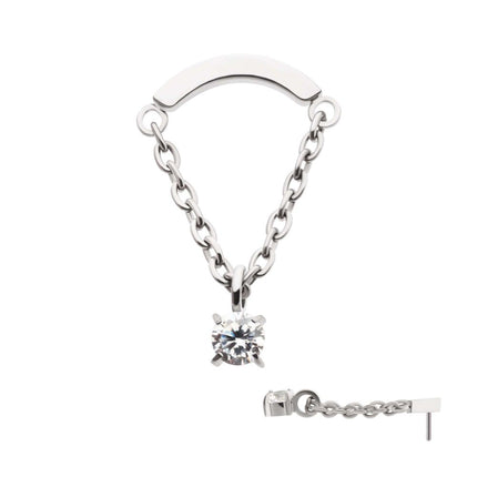 Invictus Titanium Threadless Curved Bar Top with Dangle Chain & Prong Set Round AAA CZ