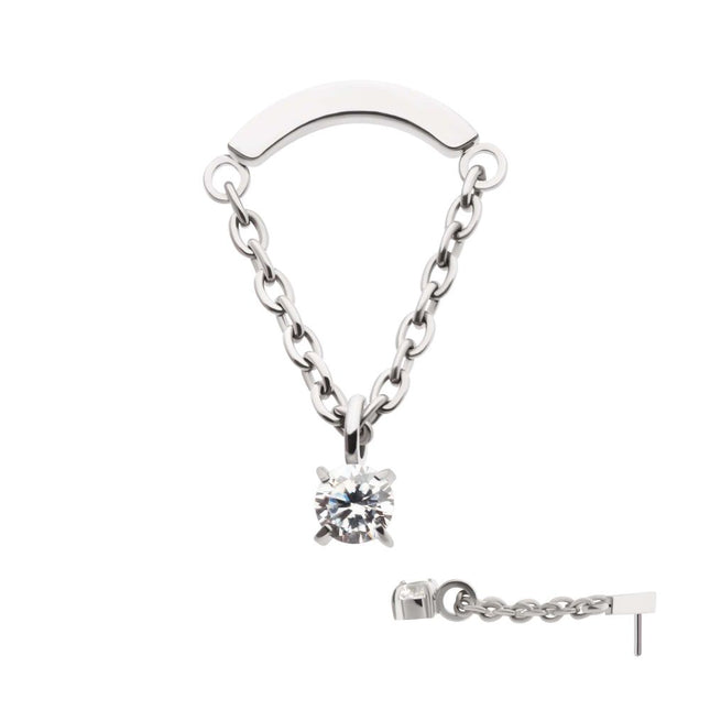 Invictus Titanium Threadless Curved Bar Top with Dangle Chain & Prong Set Round AAA CZ
