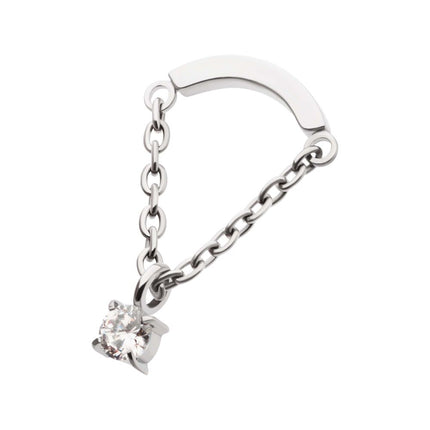 Invictus Titanium Threadless Curved Bar Top with Dangle Chain & Prong Set Round AAA CZ