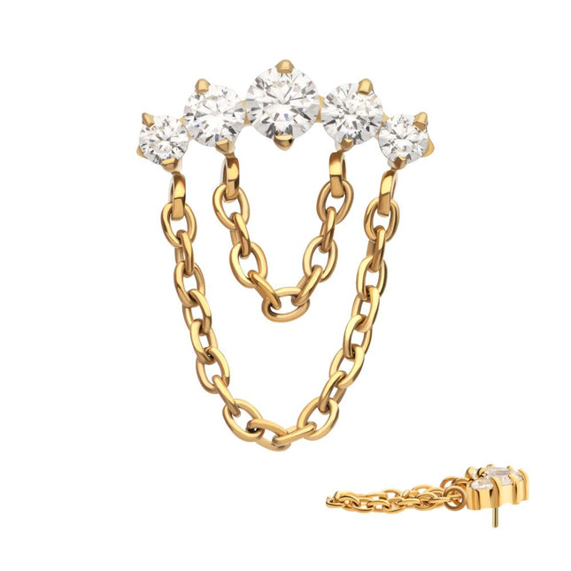 Invictus 24Kt Gold PVD Titanium Threadless 5-Cluster Round AAA CZ Top with 2 Tier Dangle Chain