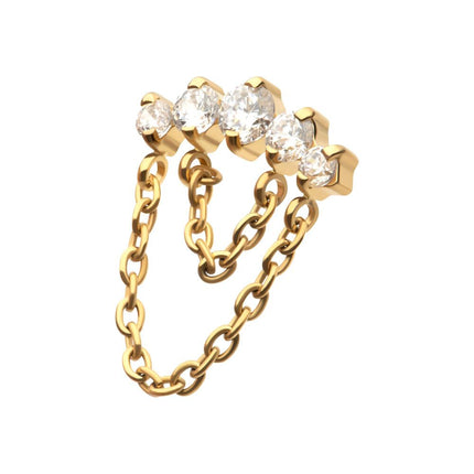 Invictus 24Kt Gold PVD Titanium Threadless 5-Cluster Round AAA CZ Top with 2 Tier Dangle Chain