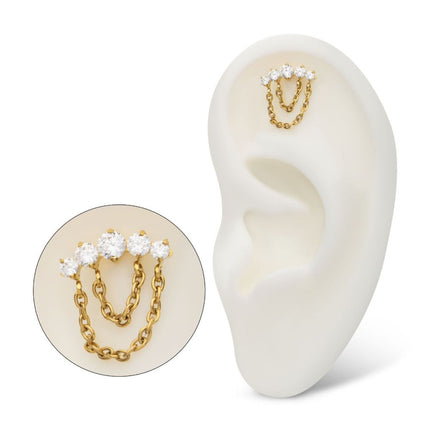 Invictus 24Kt Gold PVD Titanium Threadless 5-Cluster Round AAA CZ Top with 2 Tier Dangle Chain
