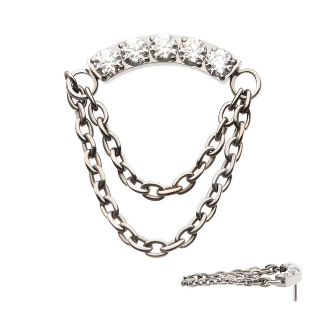 Invictus Titanium Threadless 5-Cluster Round AAA CZ Curved Bar Top with 2 Tier Dangle Chain