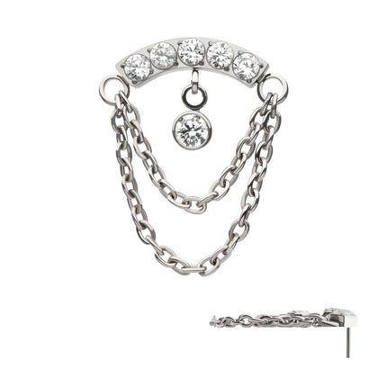 Invictus Titanium Threadless 2-Tier Dangle Chain Clustered CZ Curved Bar Top with Bezel Round CZ
