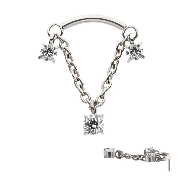 Invictus Titanium Threadless Dangle Chain Curved Bar Top with Pronged Trio Round CZ