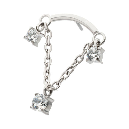 Invictus Titanium Threadless Dangle Chain Curved Bar Top with Pronged Trio Round CZ