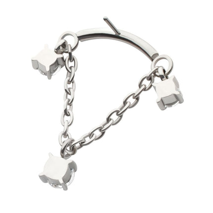 Invictus Titanium Threadless Dangle Chain Curved Bar Top with Pronged Trio Round CZ