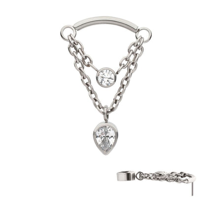 Invictus Titanium Threadless 2-Tier Dangle Chain Curved Bar Top with Bezel Round CZ