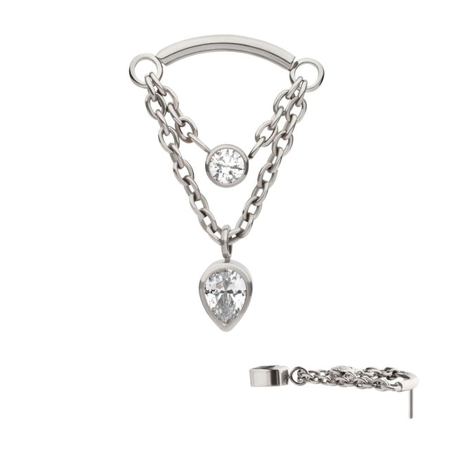 Invictus Titanium Threadless 2-Tier Dangle Chain Curved Bar Top with Bezel Round & Teadrop CZ