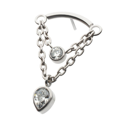 Invictus Titanium Threadless 2-Tier Dangle Chain Curved Bar Top with Bezel Round & Teadrop CZ