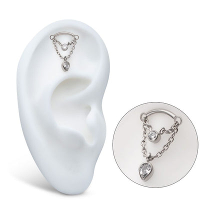 Invictus Titanium Threadless 2-Tier Dangle Chain Curved Bar Top with Bezel Round & Teadrop CZ