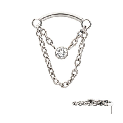 Invictus Titanium Threadless 2-Tier Dangle Chain Curved Bar Top with Bezel Round CZ